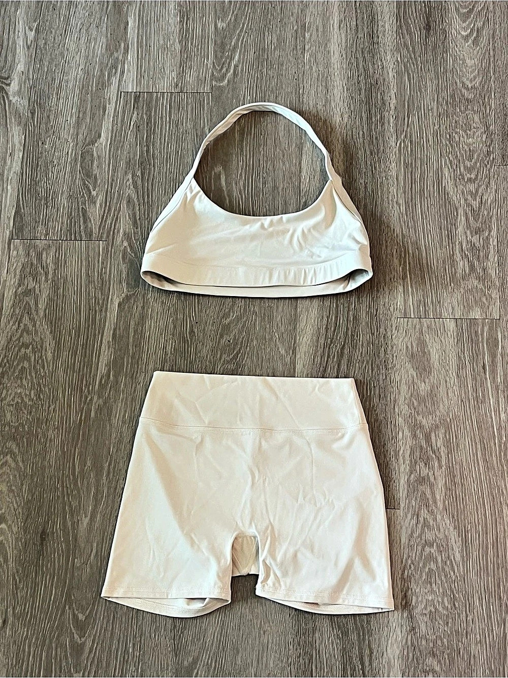 EMANH Serene Halterneck Sports Bra and Compression Yoga Shorts Set Pinkish Tan S